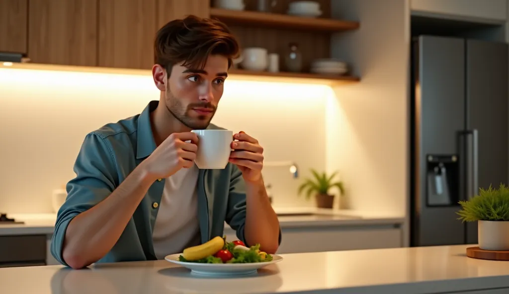 A mid-shot of a man in his late 20s, light skin, short brown hair, and blue eyes, sitting at a kitchen counter with a cup of banana tea in his hand. He looks content as he prepares to drink the tea, a plate of healthy food (like a salad) in front of him. T...