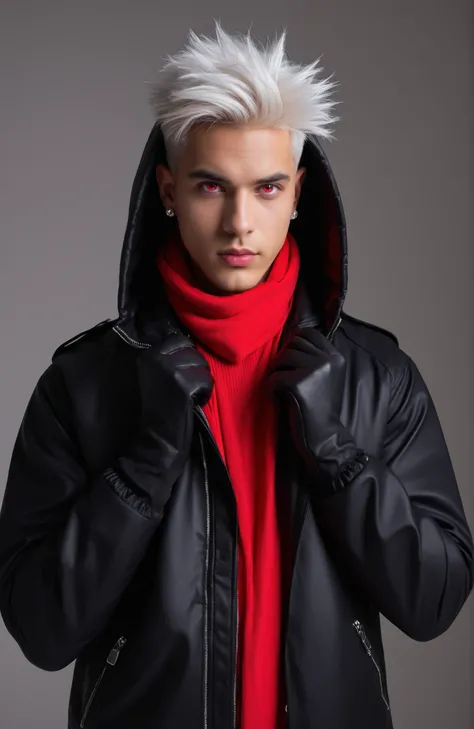 masterpiece, best quality, very aesthetic, absurdres, 1boy, short hair, single earring, red eyes, parted lips, glowing eyes, white hair, pink eyes, hand on own chin, popped collar, spiked hair, earrings, gloves, jacket, shirt, hood, scarf, zipper, looking ...