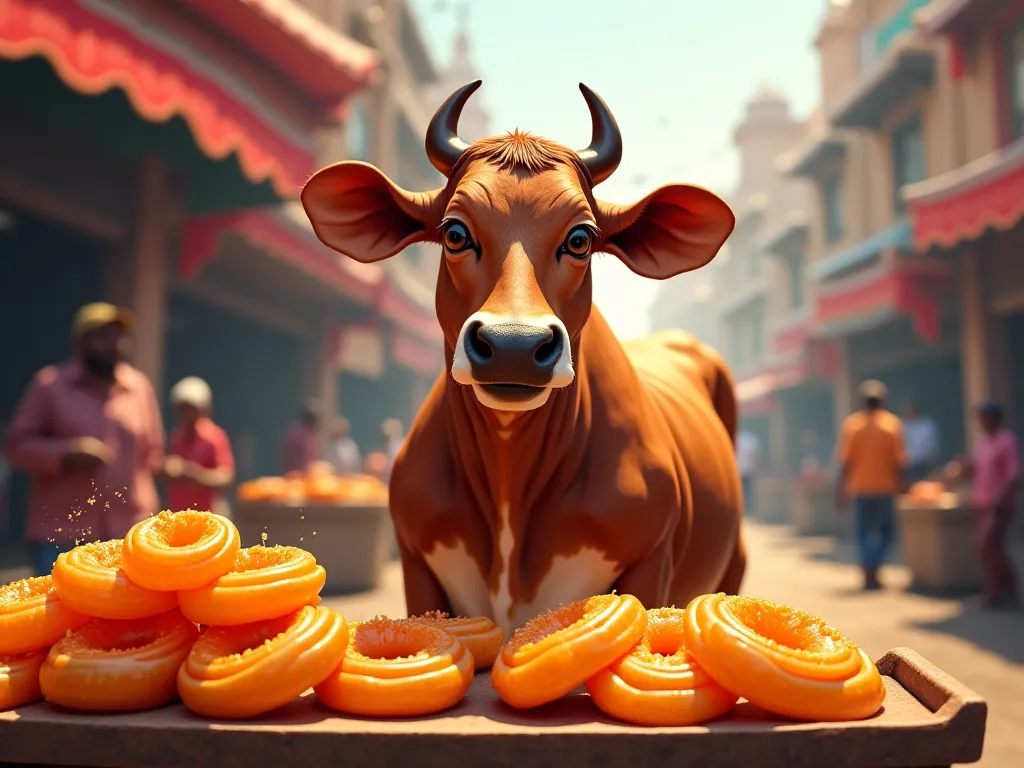 A hardworking cow selling jalebis at a small street stall, looking dedicated.