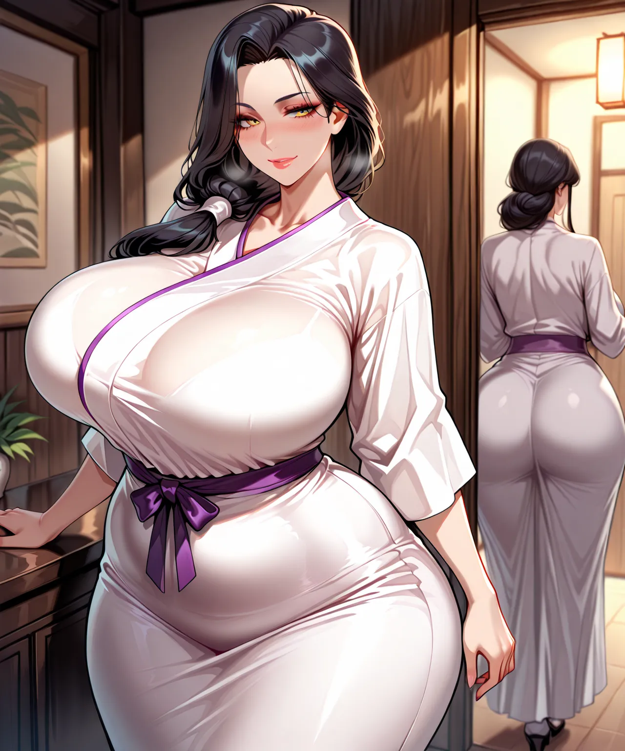  masterpiece , best quality artwork,  ultra detailed , high school outfit, whm, half-smile, mixed_japanese uniform, (  Yeux détaillés  ), ( mature ),  beautiful woman, big breasts,  long black hair, hair tied at the back , frange sur THE yeux, (oriental wh...