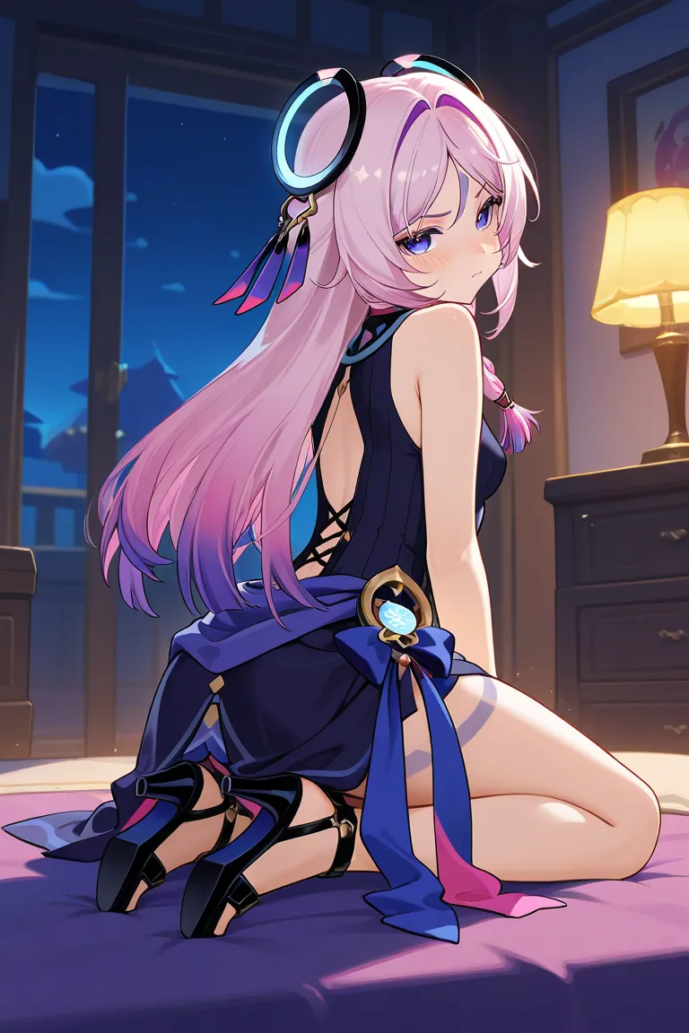 Citlali from genshin impact, sleeveless, night, bedroom, Crawling, blushing , looking at viewer , sleeveless, high heels, stocking , small breast , bad mood , from side