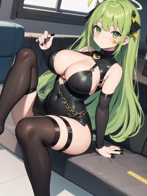 1 girl, floating sitting pose, green halo, green straight hair, big green hair bow, green goth tight sweater with boob window, green harness on chest, long black nails, fashion green skirt with patches, mismatched thigh high stockings, cute green wings on ...