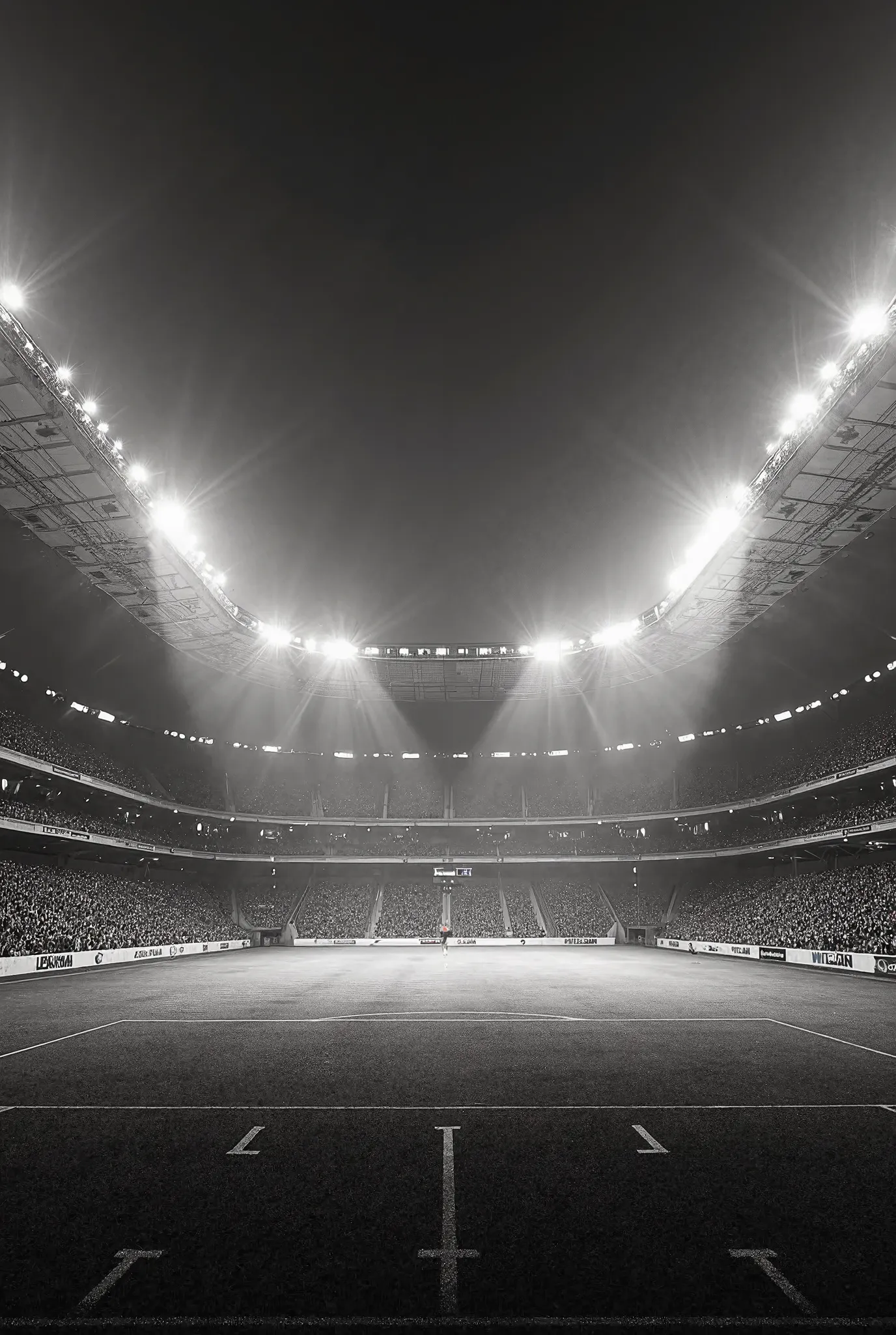 A dramatic black and white soccer stadium inspired by Neo Química Arena, focusing only on the towering stands and floodlights. No people or athletes. The perspective is cinematic, emphasizing the massive architecture. If the field is visible, it must be co...