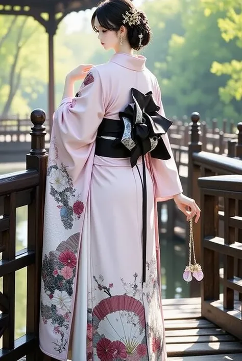 A asian woman, adorned in an elaborate long haori over kimono, stands on a historic wooden bridge. The bridge arches gracefully over a gently flowing stream, surrounded by lush greenery. The Haori's vibrant colors and detailed patterns, featuring fans and ...