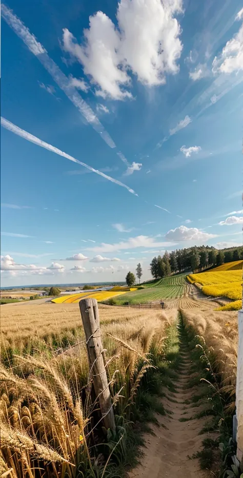 ( High quality , ultra detailed, the most realistic) A golden-yellow wheat field in Ukraine.  Bright , clear Blue sky.  In the distance away from viewer is a Ukraine flag in the wind, no writing, no logo, no symbols