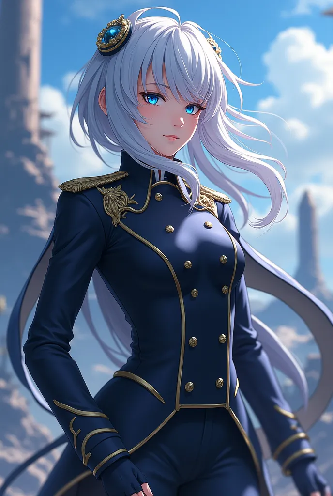 beautiful, strong,blue eyes,  Silver Hair, uniform, anime、 Cavalry