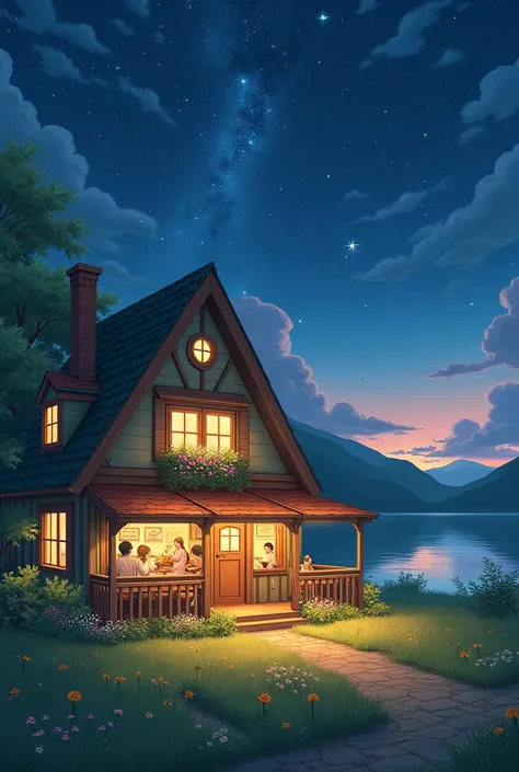 A 2 story cottage that is also a restaurant next to a lake in the middle of a meadow. The night sky is filled with star. Make it a bit more anime like. 