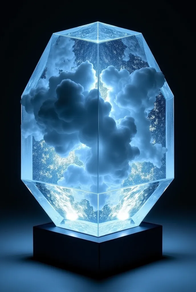 "A striking octahedron-shaped transparent resin lamp with swirling storm clouds encapsulated inside. Built-in LED lights create small flashing lightning effects, illuminating the smoky textures in the resin. The high-quality clear epoxy gives the illusion ...