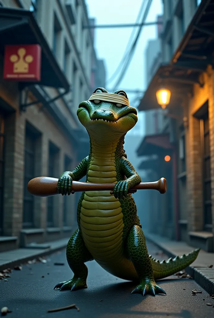 Un crocodile avec un bandeau sur les yeux une batte d baseball a la main drôle humour pixar corps entier vu de loin  décor rue sombre et dangereuse 