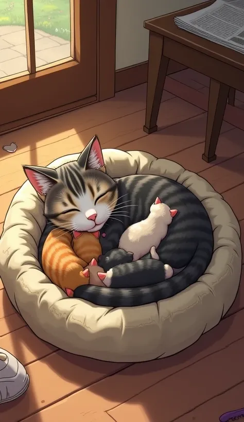 A realistic yet slightly stylized cartoon-style illustration of a mother cat with her four newborn kittens, resting in a cozy spot inside a home. The mother cat, a short-haired tabby with a mix of gray and brown fur, lies curled up in a soft, slightly worn...