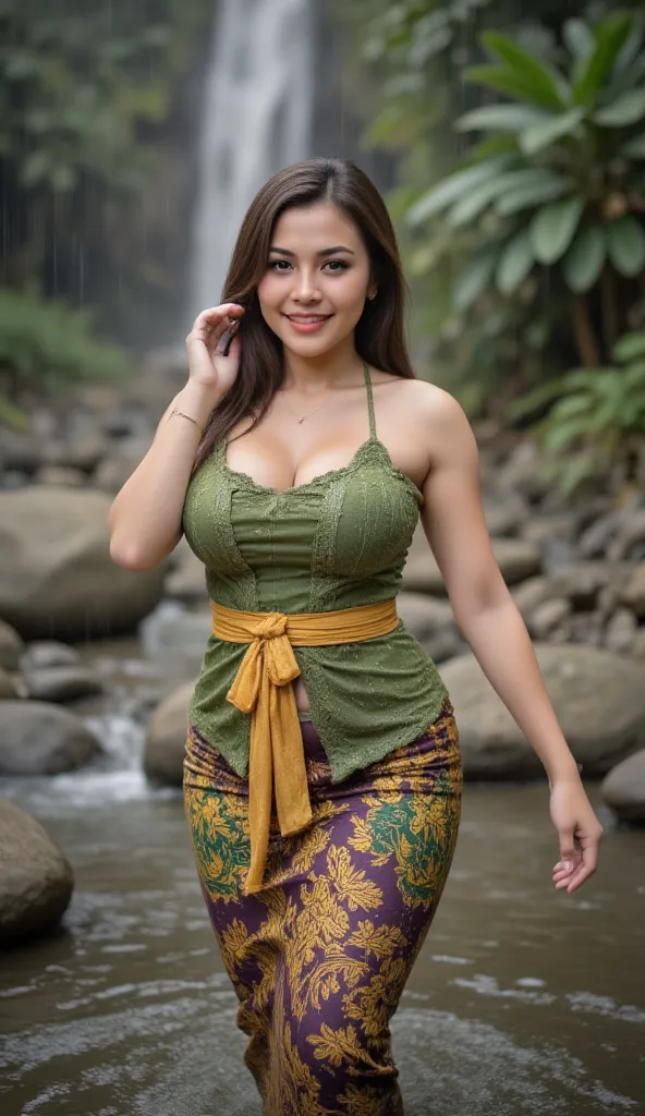 Realistic photo Of A chubby and fat indonesian woman,  visible to the feet , curvaceous body, using a green kebaya leaf and a wet purple green yellow batik sarong , face facing the camera.  Elegant elegant style elegant aesthetic . sexy butt, big ass and h...