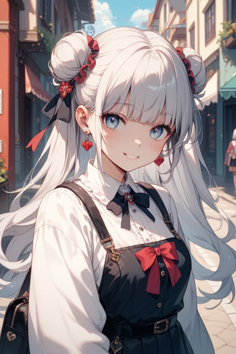  twin bun hair 。girl。cute。 albino。Gray Hair。Evil free。。long hair caught in a hole。Active。fine。。