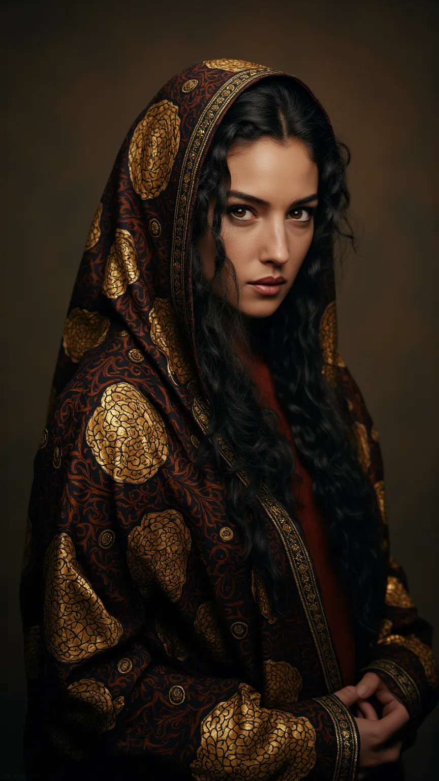 **"Celestial Warda of the Sands"** —Surreal 8K vision, a **sun-kissed queen** wrapped in a **midnight abaya spun from black nebula silk**, hemmed with **24k gold constellations**. **Eyes like molten Hijazi amber**—pupils swirl with fractal *Surah An-Nur* c...