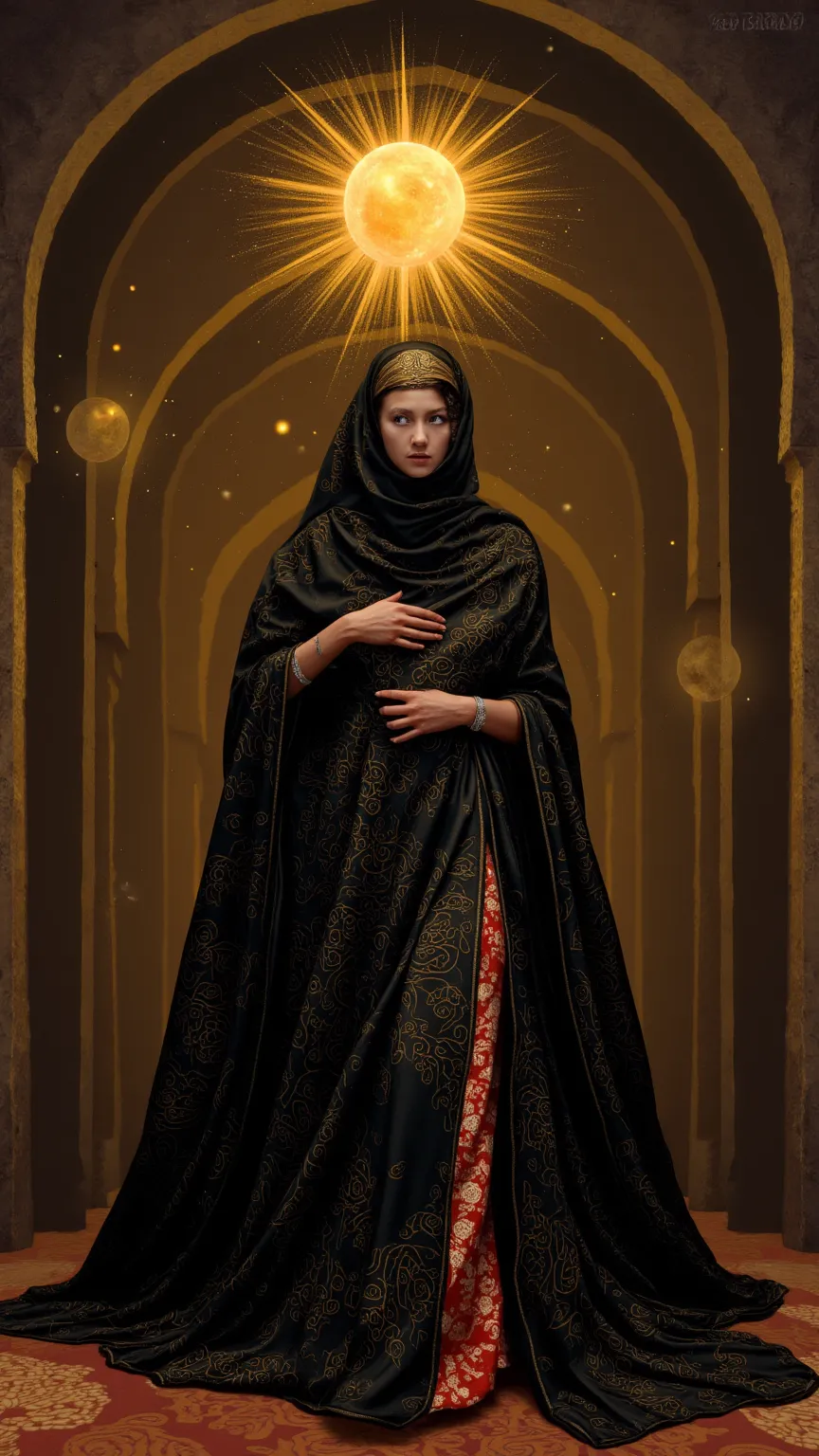 **"Celestial Warda of the Sands"** —Surreal 8K vision, a **sun-kissed queen** wrapped in a **midnight abaya spun from black nebula silk**, hemmed with **24k gold constellations**. **Eyes like molten Hijazi amber**—pupils swirl with fractal *Surah An-Nur* c...