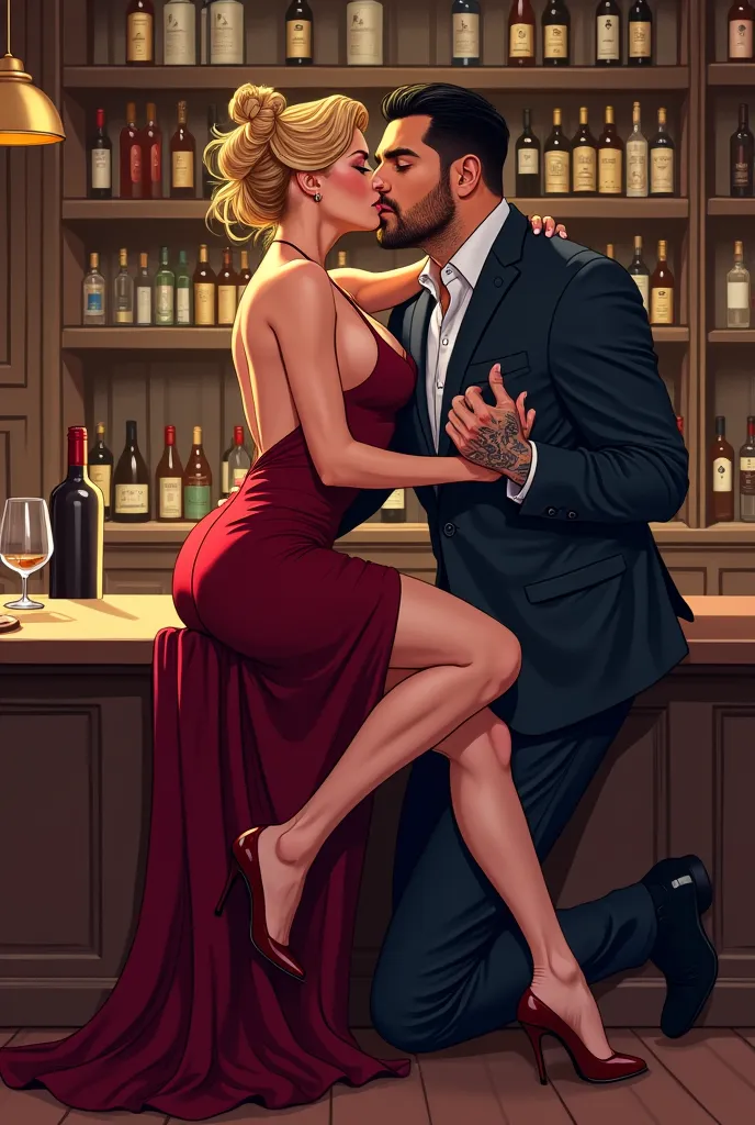 

"Make a cartoon-style image of a blonde woman with her hair tied in a perfect bun, wearing an elegant wine dress. She is sitting on the counter of a wine cellar.  between your legs , Kneeling, There's a man in a muscular suit, with black hair, tattooed a...