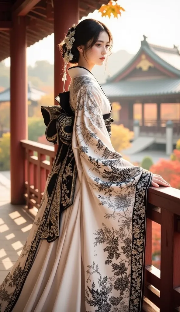 An exquisitely serene and artistic portrayal of an Asian woman standing on a wooden balcony, overlooking a tranquil autumnal scene. She is dressed in an elegant, pale kimono adorned with delicate embroidery, accentuating her poised and graceful demeanor. H...