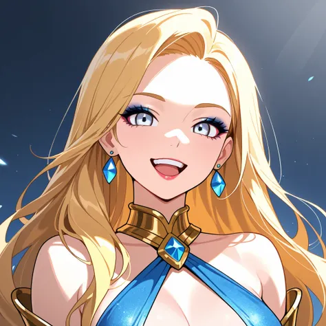 1 woman, blond hair, blues light eyes, long hair, open mouth, goddess outfit, earrings, breasts, smile, teeth, makeup, halfbody,