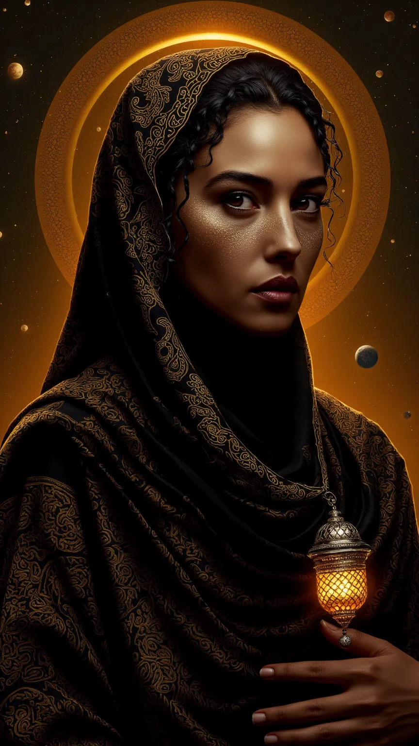 **"Celestial Warda of the Sands"** —Surreal 8K vision, a **sun-kissed queen** wrapped in a **midnight abaya spun from black nebula silk**, hemmed with **24k gold constellations**. **Eyes like molten Hijazi amber**—pupils swirl with fractal *Surah An-Nur* c...