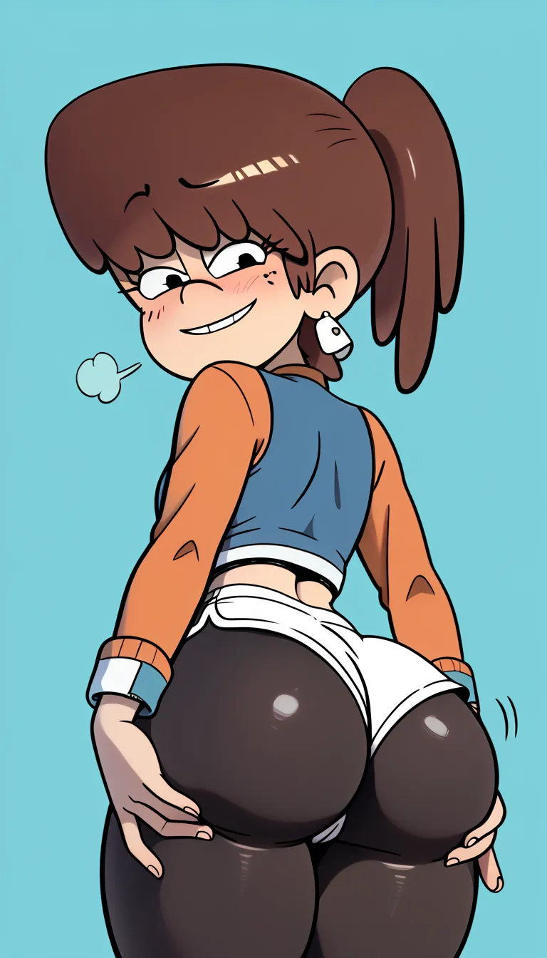 Girl, female, big ass, ass, thick thighs, blushing, blush, bedroom background, masterpiece, 4k quality, highest quality, best quality, grabing own ass, Lynn Loud, brown hair, ponytail, black  spandex shorts 