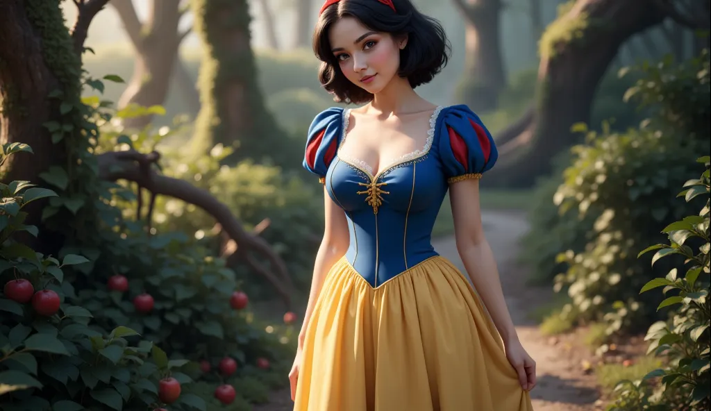 A hyper-realistic and cinematic full-body portrait of Snow White standing in an enchanted forest. She has delicate, fair skin, deep brown eyes, and short, wavy black hair with a red ribbon. She wears a beautifully detailed, flowing blue and yellow dress wi...