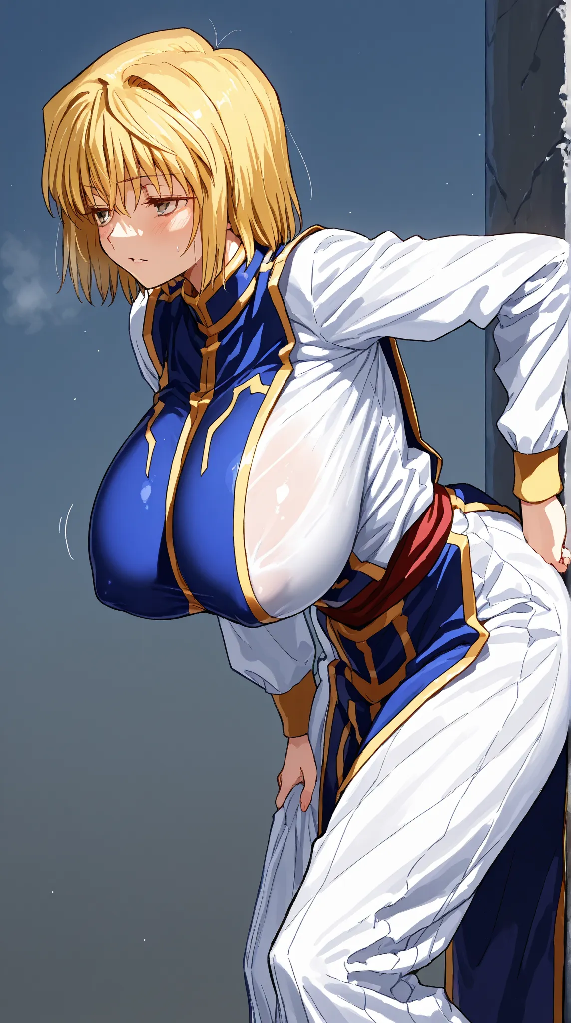 kurapika from hxh, bob hair,blonde hair,grey eyes, sanpaku eyes,beautiful face, perfect face, highly detailed beautiful face and eyes, attractive face,  squinched eyes, cold eyes, half-closed eyes, waist, waistline, massive breasts, saggy breasts,  (covere...