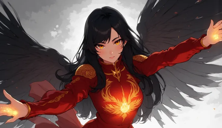 A young woman with an intense look and impressive posture wears a costume inspired by the Phoenix. Her outfit, of a deep dark red, seems to merge the fluidity of 2D art with the realism of 3D, , giving her a vibrant and almost ethereal effect. . The golden...