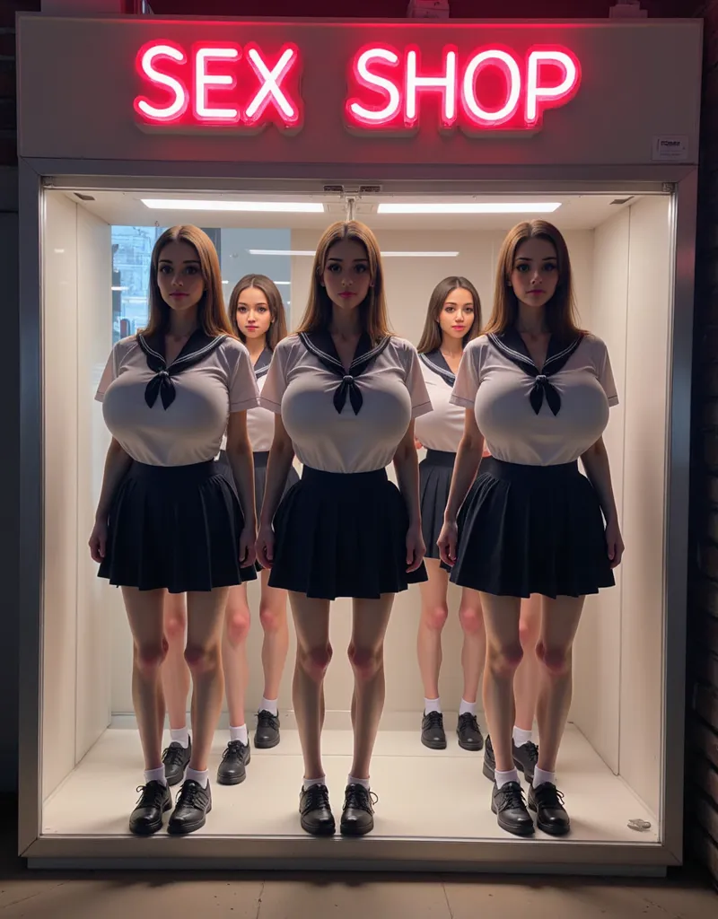 several plastic cute young dummy women in school-girl uniform, black shoes, in a row, inside acrylic stand box, in a store, sex-shop window, dummy, realistic, detailed portrait, photorealistic, highly detailed school girl, petite figure, innocent expressio...