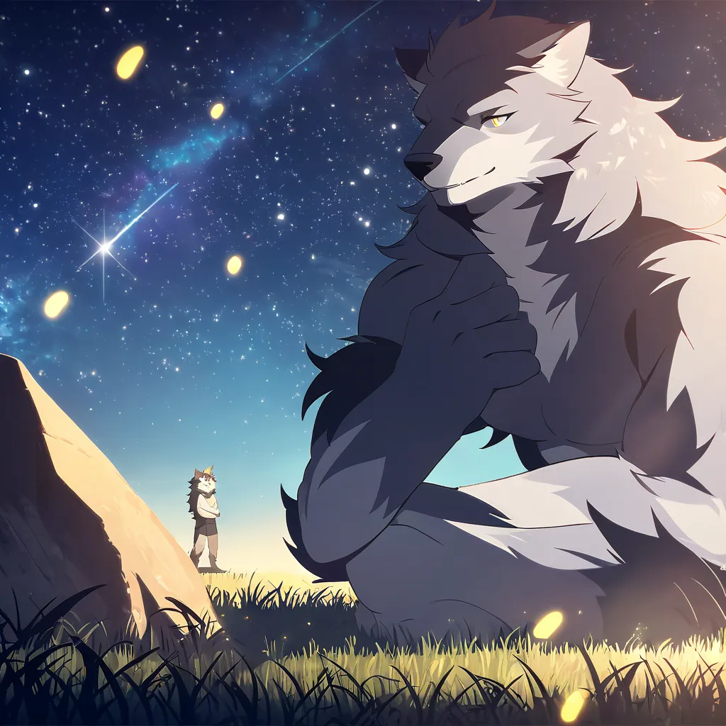   Male Werewolf , looking at the sky，Alone，Well-proportioned body，Standing ears，Blue and white fur，bare upper body，furry body，wearing black sports shorts，Bare paws，lying on the grass，with crossed hands on the head，with legs bent，Smiling relaxed expression ...