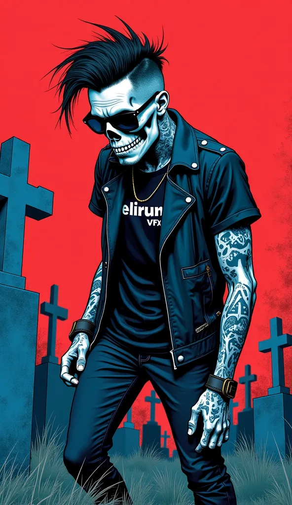 Horror comic style illustration, in pencil and ink, red, black and blue, of a rocker skull wearing a black t-shirt that says: DELIRIUM VFX. modern haircut, beard, sunglasses, lots of tattoos, a black leather rocker jacket, black rocker suit, urinating on a...