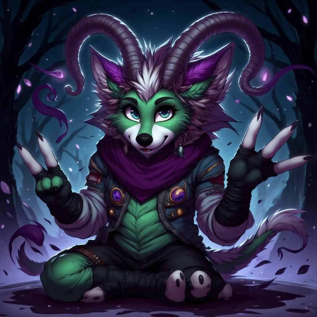 A mystical and mischievous kobold named Zyvaris, with emerald-green scales as the primary color and deep purple markings on extremities and lower parts of the body. The purple covers the tail, legs up to the waist, and reappears on the tips of the ears, ho...