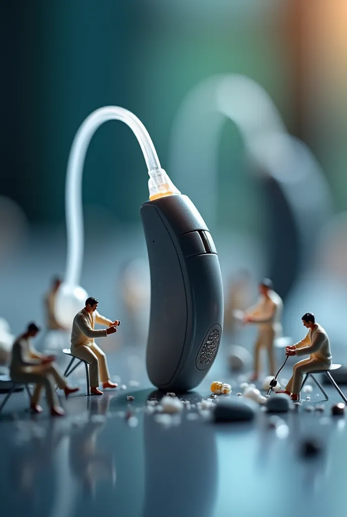 Hyperrealistic macro photo of the Oticon hearing aid, which miniature people in white coats are working on. Miniature people assemble a hearing aid from spare parts. background is blurred, creating a depth effect. 8k resolution, surround lighting, depth of...