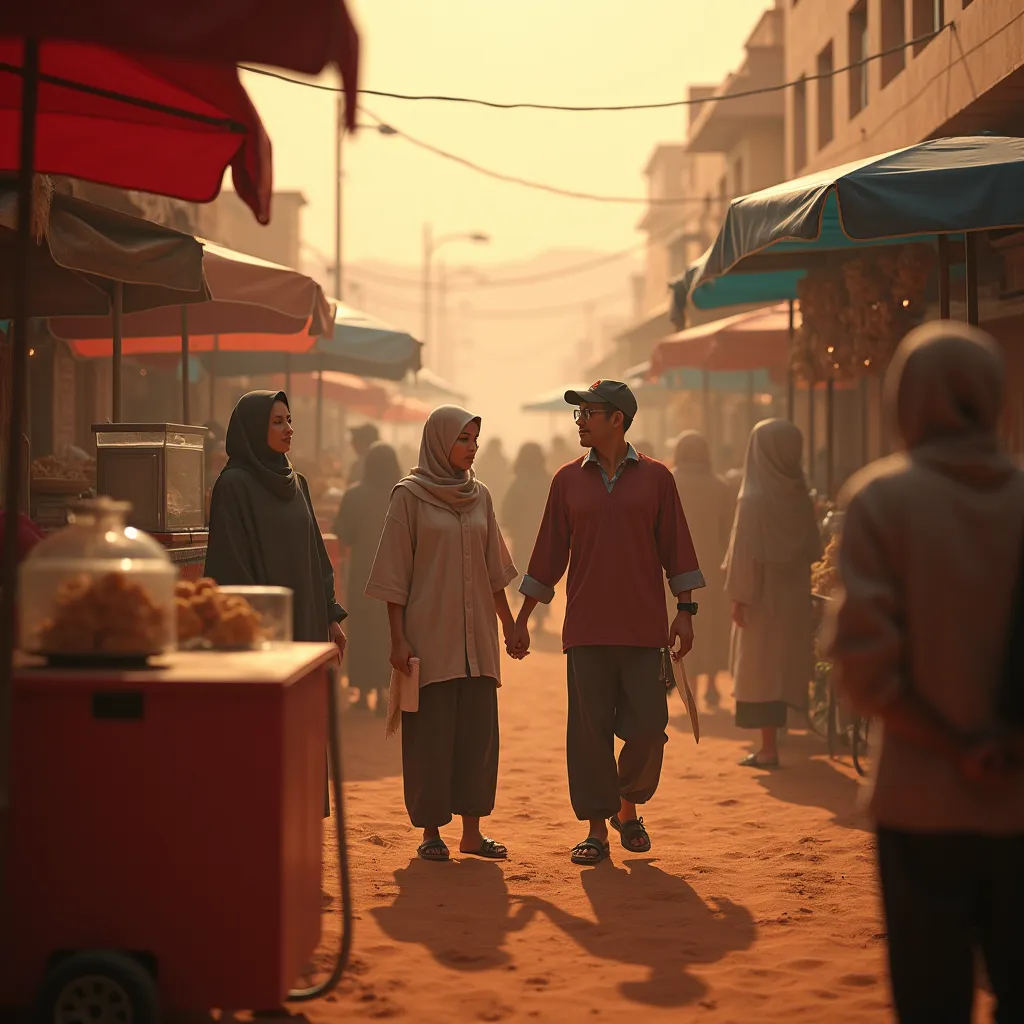 Fish-eyed Wide dramatic low angle & close up of a bustling **Malay bazaar Ramadan-style street market** on **Mars' dusty desert**. The camera position in inside the booth, close to blurred food as foreground, looking up towards the seller & buyer. **Red an...