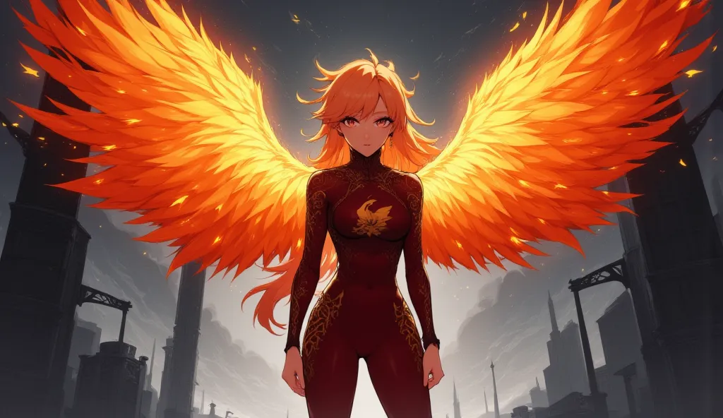 In front of a monochromatic background that highlights her fiery presence, a young woman stands with an imposing bearing, wrapped in an aura of fire and rebirth. Her tight-fitting suit, of an intense dark red, it seems woven with the same flames of a phoen...