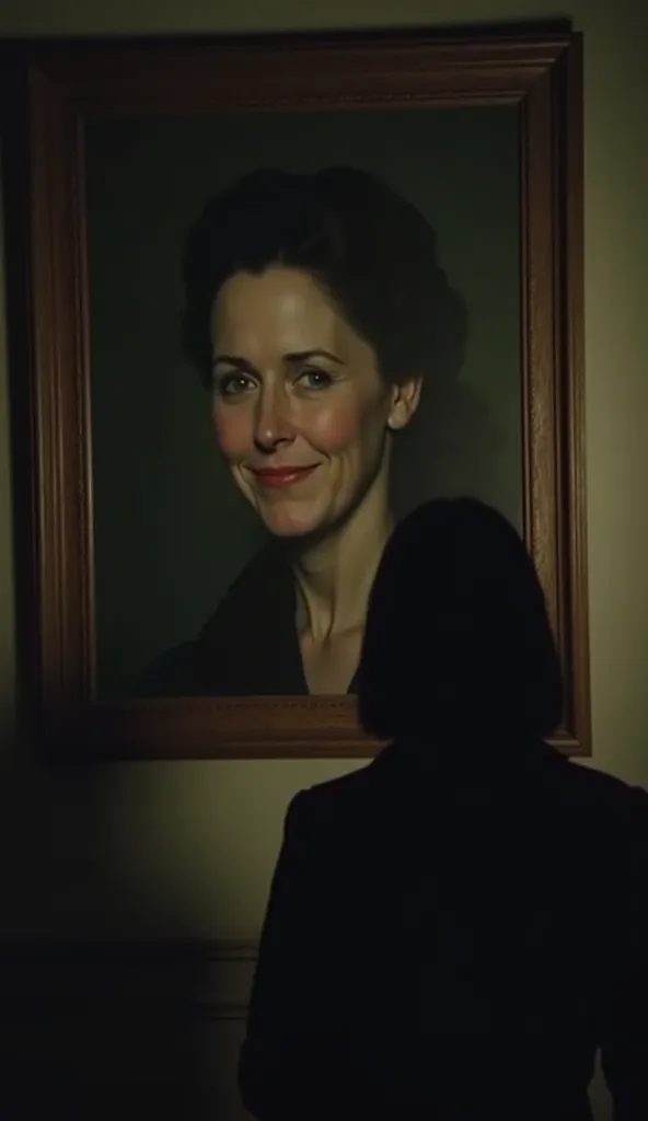 The same room, but now the portrait has changed. The woman's face is slightly different—more sinister, with a faint smile. The viewer hears a faint sound of breathing, and the camera subtly zooms in on the portrait. The dimness around the portrait intensif...