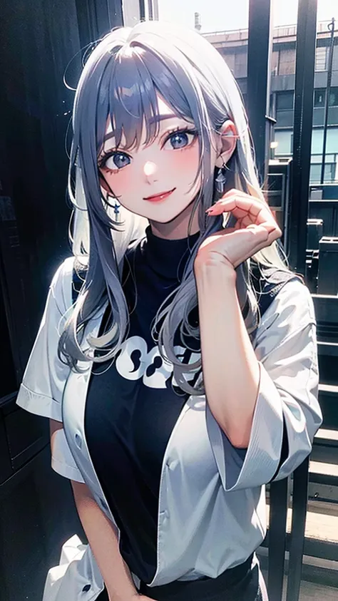 best quality ,masterpiece,Ultra high resolution, smiles,gigantic breasts),hand stand up poses,Man squeezes her breasts from behind ,soft dark blue gradation white hair, arousal facial expression