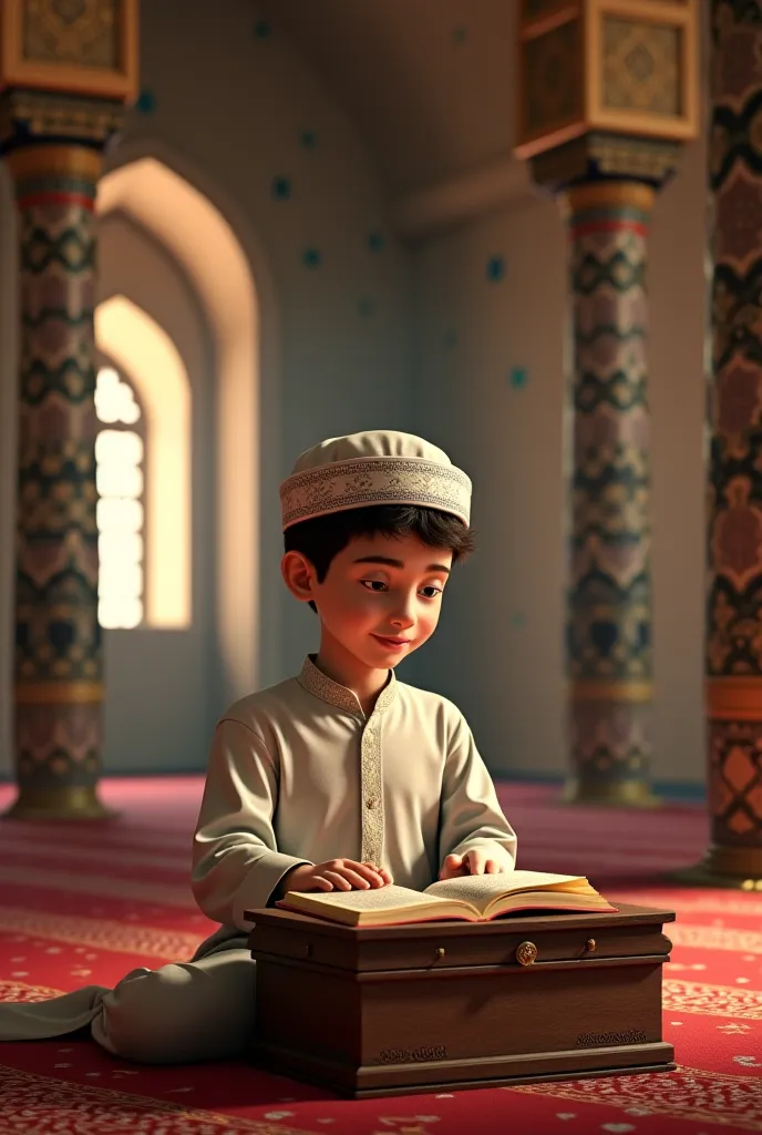 A  boy wearing tupi and panjabi.who recites Quran in the mosque with a quran book on the desk.