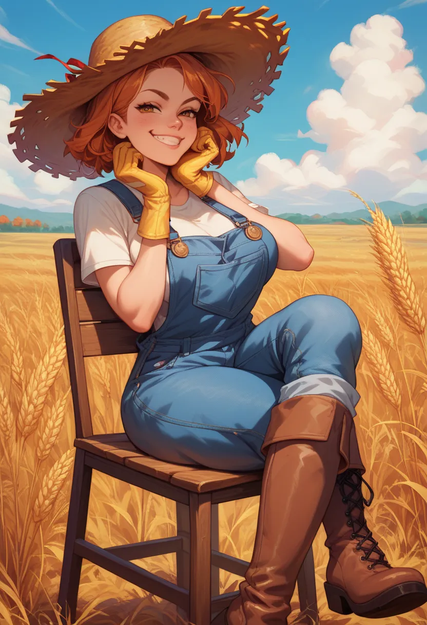 full body shot, pastel, naked overalls, large breast, work gloves, boots, straw hat, sitting on chair, crossed leg, chin rest, wheat field, autumn, sky, smug face, grin