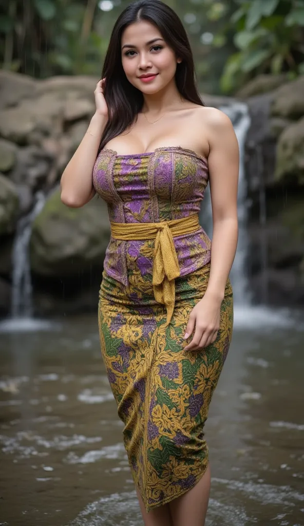 Realistic photo Of A chubby and fat indonesian woman,  visible to the feet , curvaceous body, using kebaya tosca leaves and wet batik sarong purple green yellow , face facing the camera.  Elegant elegant style elegant aesthetic . sexy butt, big ass and hip...