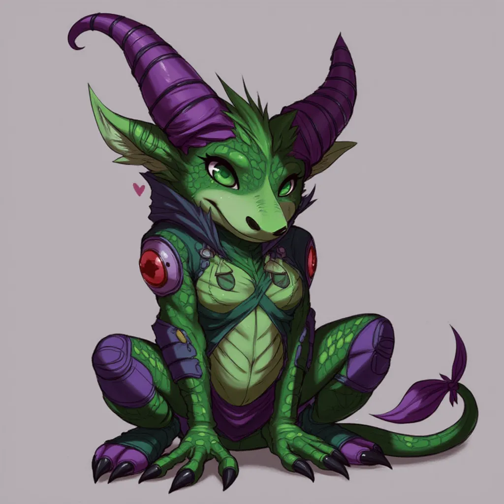 A mystical and mischievous kobold named Zyvaris, with emerald-green scales as the primary color and deep purple markings on extremities and lower parts of the body. The purple covers the tail, legs up to the waist, and reappears on the tips of the ears, ho...