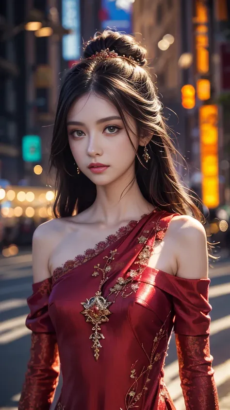 8K, UHD, Masterpiece, extreme quality, 1 girl, good face, detailed eyes, very long hair, detailed lips, small breasts, detailed empress fantasy dress, ((red thread dress)), ((thread dress:1.4)), lace, (bare one shoulder:1.5), flowing sardine, beautiful fan...