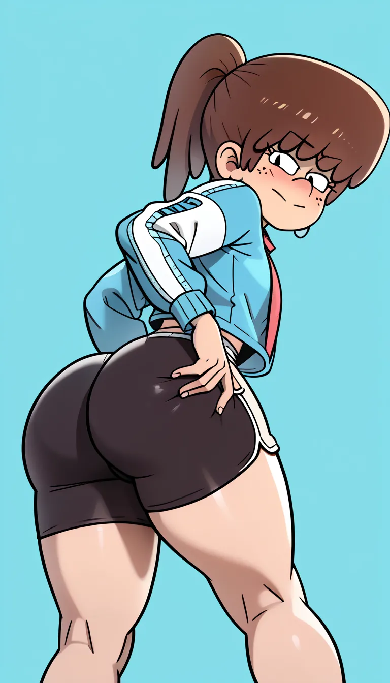 Girl, female, big ass, ass, thick thighs, blushing, blush, bedroom background, masterpiece, 4k quality, highest quality, best quality, grabing own ass, Lynn Loud, brown hair, ponytail, black  spandex shorts 