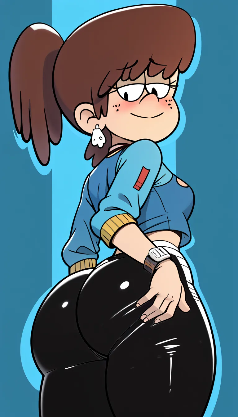 Girl, female, big ass, ass, thick thighs, blushing, blush, bedroom background, masterpiece, 4k quality, highest quality, best quality, grabing own ass, Lynn Loud, brown hair, ponytail, black  spandex shorts 