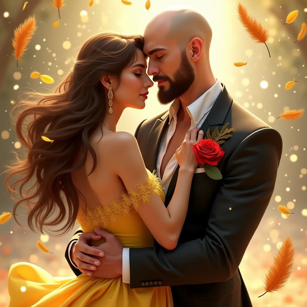 Couple amoureux.  Femme brune cheveux longs,  robe jaune avec bustier orné de plumes.  Homme chauve ,  musclé, barbu,  en costard noir,  une rose rouge dans la poche du costard. Pluie de plumes jaunes