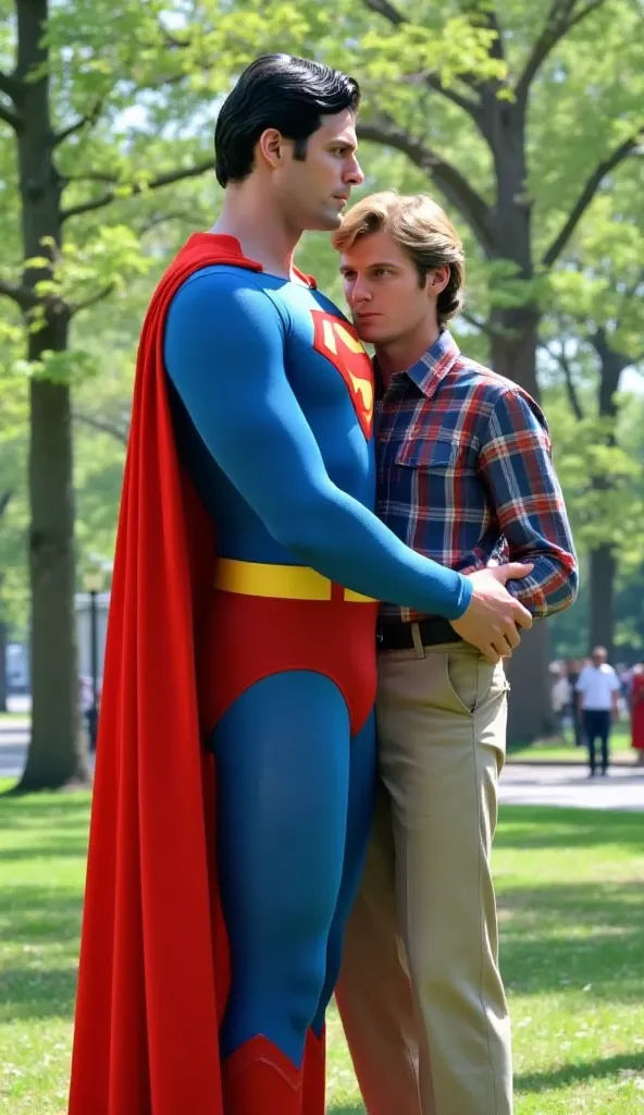  in a bustling city park , in the bright midday sun , superman,  A tall, cloudy hero ，His iconic blue and red suit is completely wet， Tightly clinging to his magnificent body , Hugging his journalist male friend from behind.  The sun reflected on the damp ...