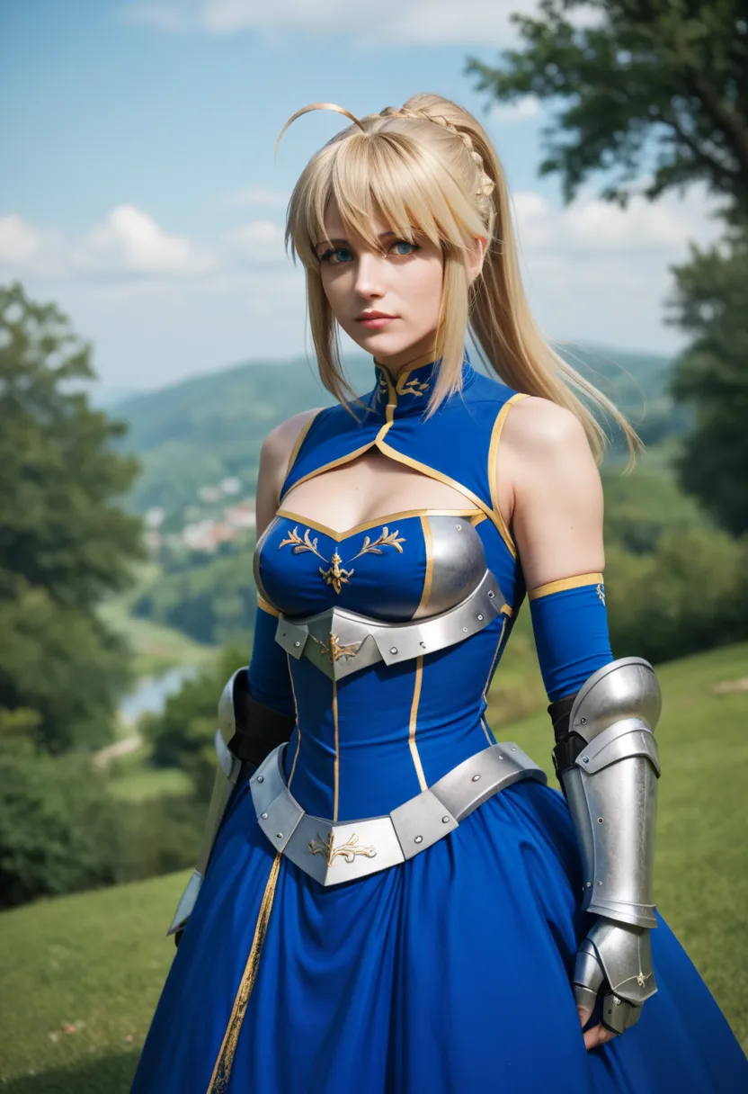 blonde hair,grey eyes,,photorealistic,4k,artoria pendragon, artoria pendragon (fate), saber, long hair, blonde hair, green eyes, ponytail, ahoge, medium breasts,dress, ribbon, armor, gauntlets, armored dress, blue dress
