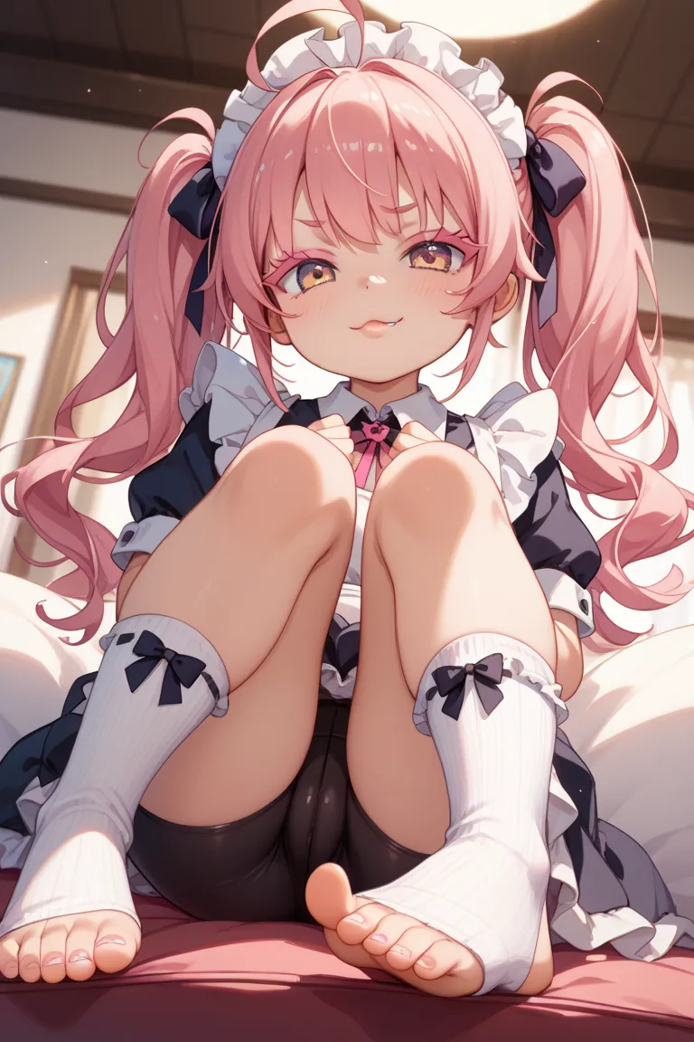 1 girl、Maid、sitting、frill socks、from below、 Ashikiri、is embarrassing、bike shorts、Puffy Lips、toeless legwear、cross lace legwear that has handcuffes、masterpiece、Top Quality、uncorrected、pink hair, twintails, fang, long eyelashes, pink eyelashes, loli, heart a...