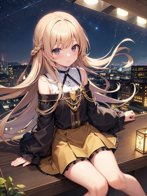  highest quality,  Masterpiece,  very detailed,  detailed biography, Anime,  in the seat,a  young girl,  ite girl,(chibi),chibi style, (Sitting with legs stretched out), Place both hands on the ground,SF, Outdoors,   night , Starry Sky , greenhouse, huge s...