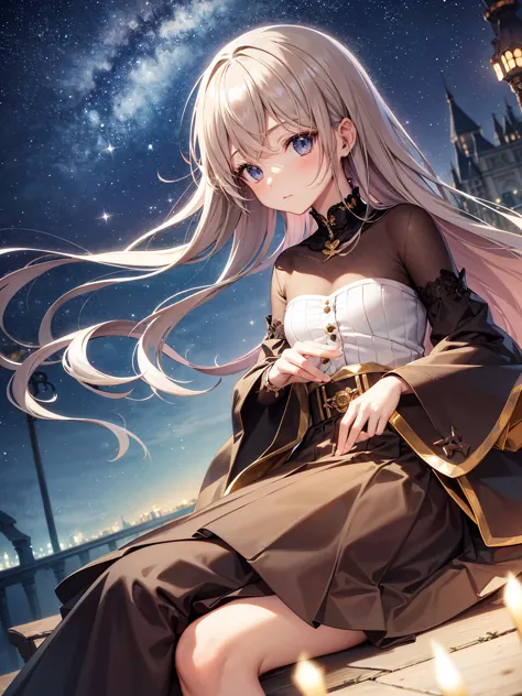  highest quality,  Masterpiece,  very detailed,  detailed biography, Anime,  in the seat,a  young girl,  ite girl,(chibi),chibi style, (Sitting with legs stretched out), Place both hands on the ground,SF, Outdoors,   night , Starry Sky , greenhouse, huge s...