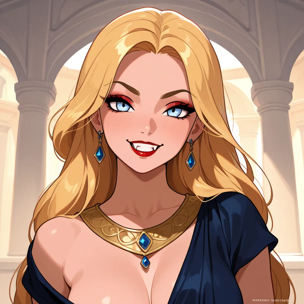 1 woman, halbody, blond hair, blues light eyes, long hair, greek outfit, earrings, breasts, smile, teeth, makeup, red lips, naughty, fang, greek background