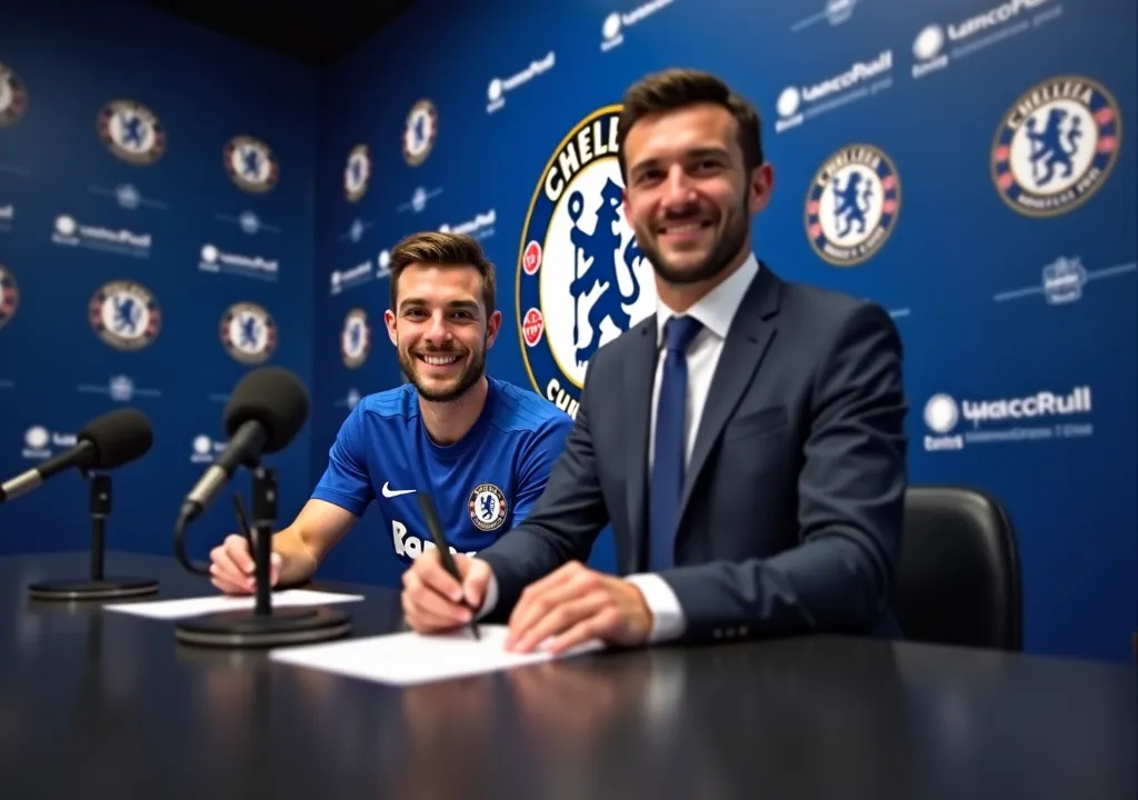 "Create a realistic image of Chelsea's new signing sitting at a press conference table, signing official paperwork. The player is wearing a Chelsea jersey or a club suit, with the Chelsea logo visible on the backdrop behind them. The club's head coach, Enz...